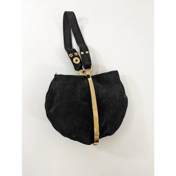Goldco Italy Suede Sac Purse Clutch Handbag Black Small Bag Gold Metal Hardware - Picture 2 of 10